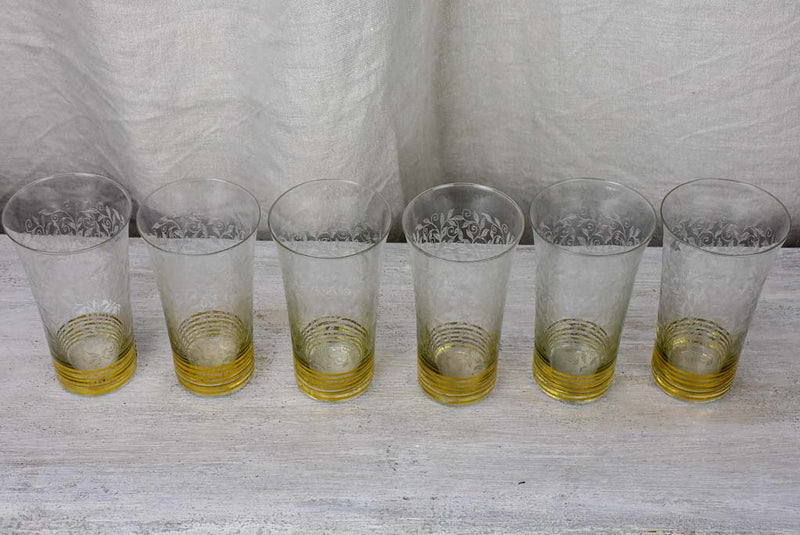 6 engraved antique orangeade glasses with gold stripes