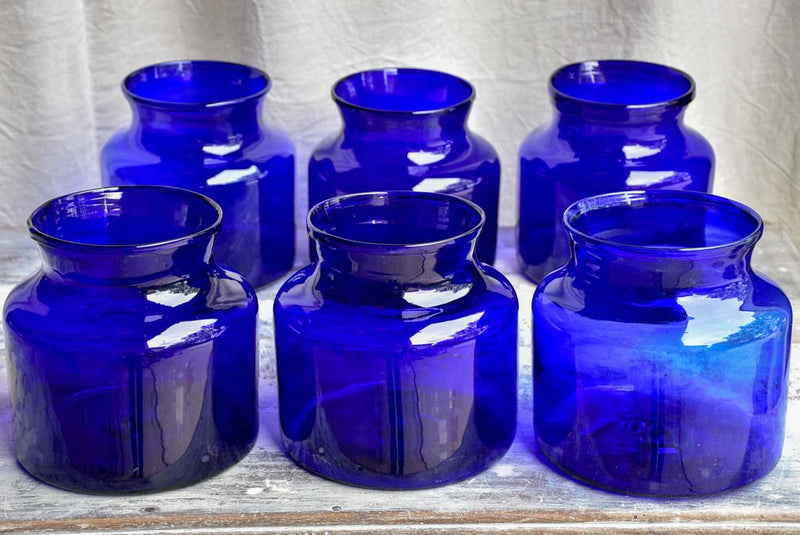 Pair of antique French apothecary jars with cobalt blue glass