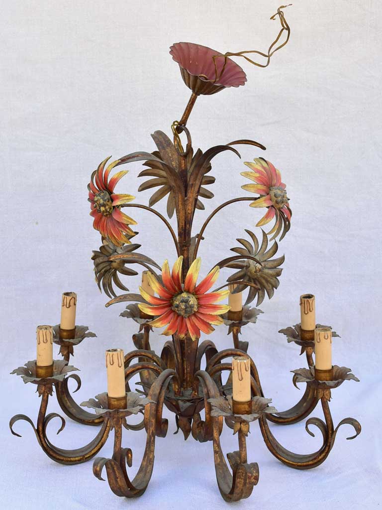 Mid century tole chandelier with daisies and eight lights 24¾"