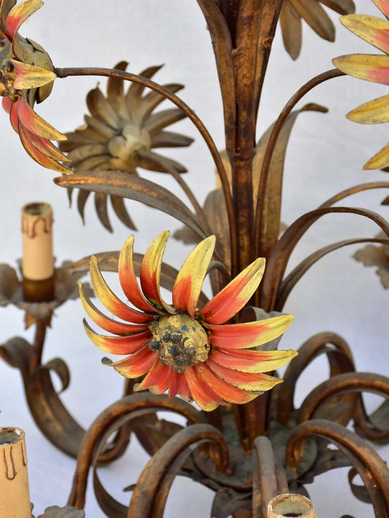 Mid century tole chandelier with daisies and eight lights 24¾"