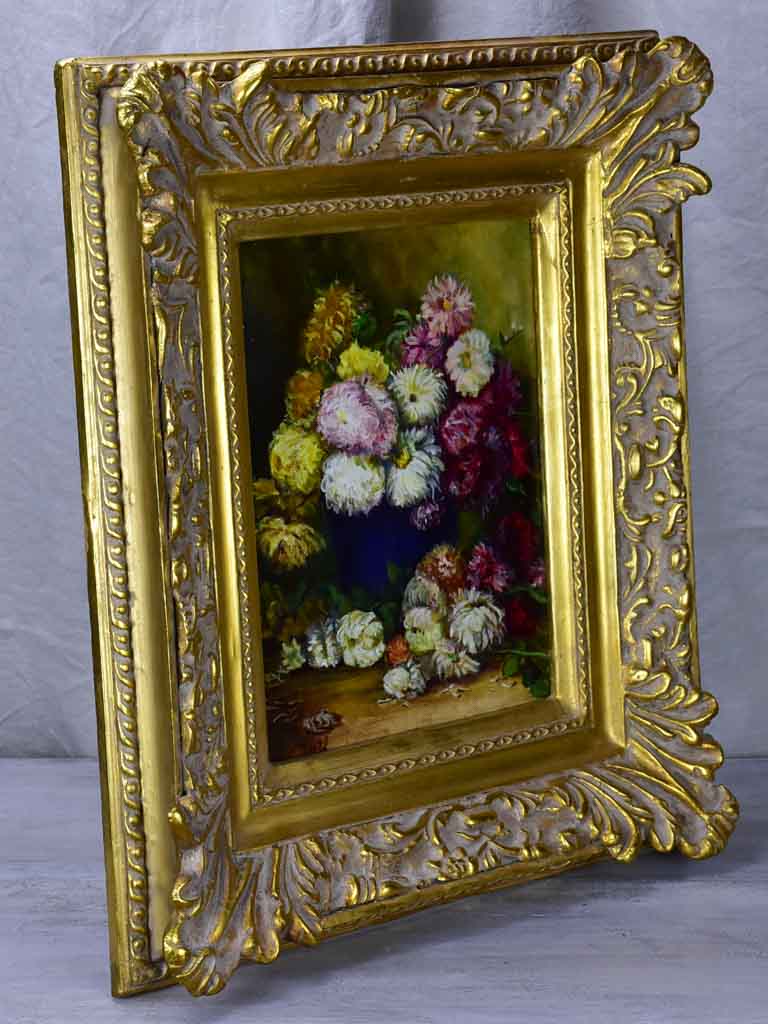 French painting of dahlias in a decorative frame 22" x 26"