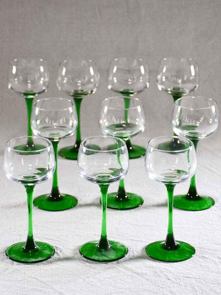 Set of 11 Alsace wine glasses with green stems