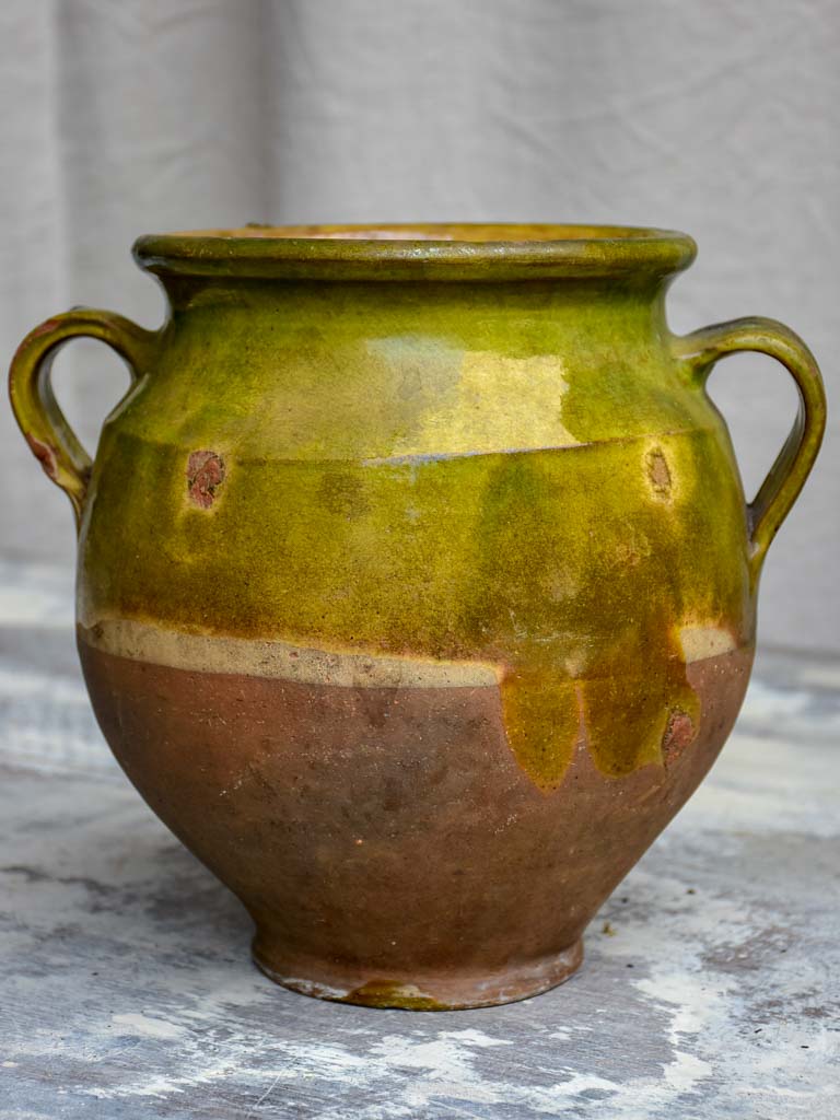 Antique French confit pot with green glaze 9"