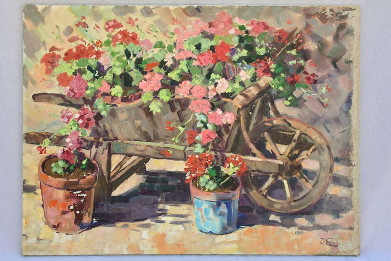 Very large vintage still life painting - Geraniums in a wheelbarrow - unknown artist 51¼" x 38¼"