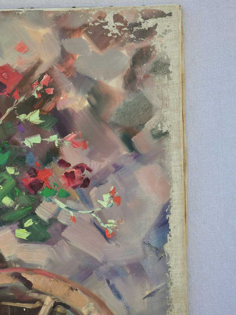 Very large vintage still life painting - Geraniums in a wheelbarrow - unknown artist 51¼" x 38¼"