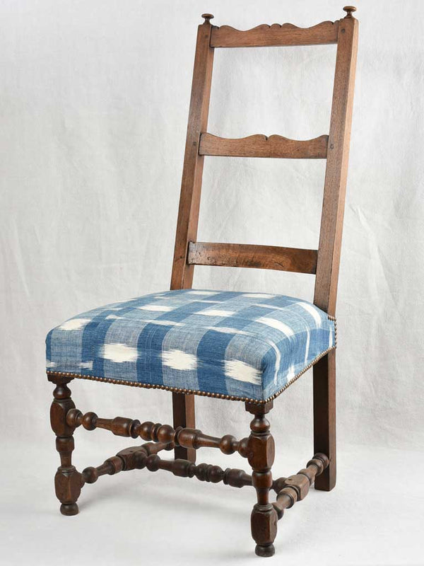 17th century ladderback chair with blue toile de Nîmes upholstery