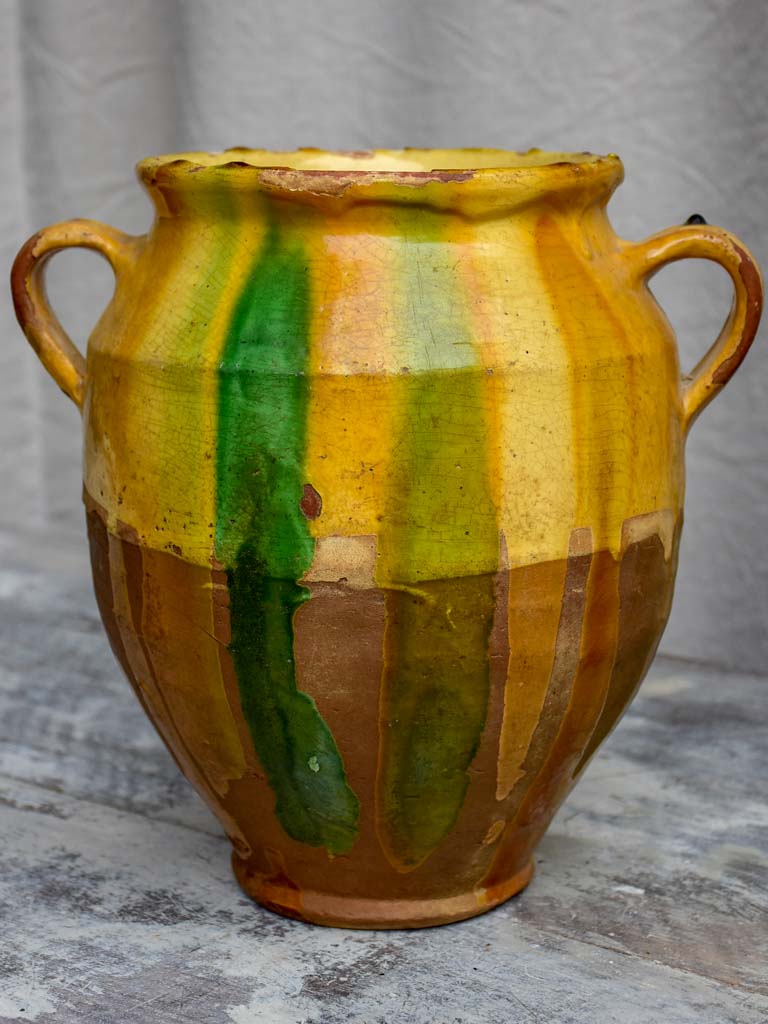 Antique French confit pot with yellow and green glaze 11"