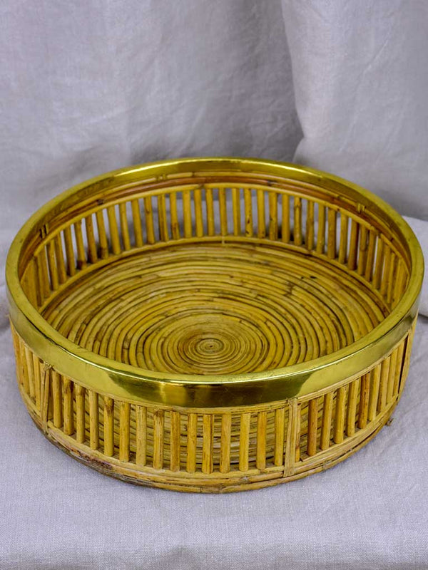 Vintage round bamboo and brass tray