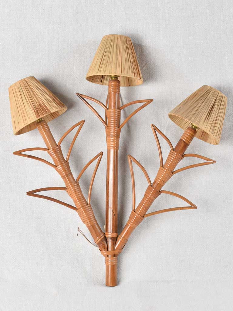 Pair of vintage raffia & bamboo wall sconces