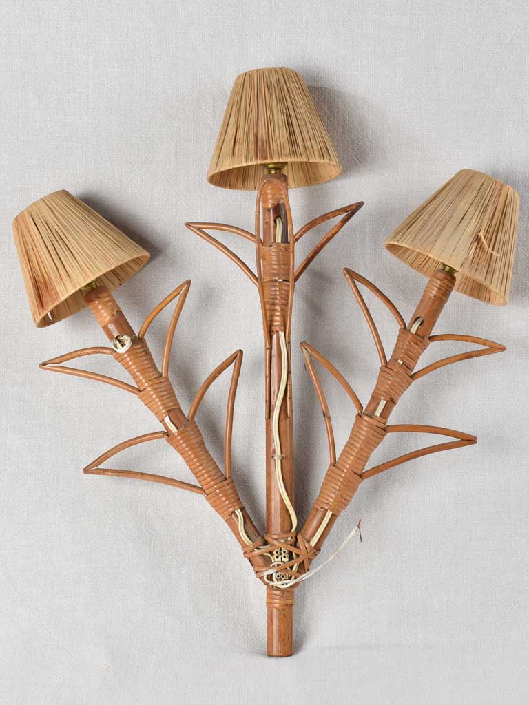 Pair of vintage raffia & bamboo wall sconces