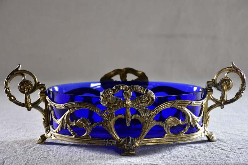Aged French silver-plated blue glass cachepot