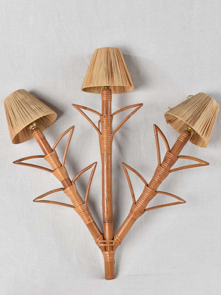 Pair of vintage raffia & bamboo wall sconces