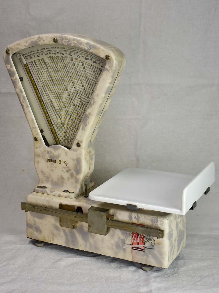 Set of mid century French epicerie scales with faux marble enamel