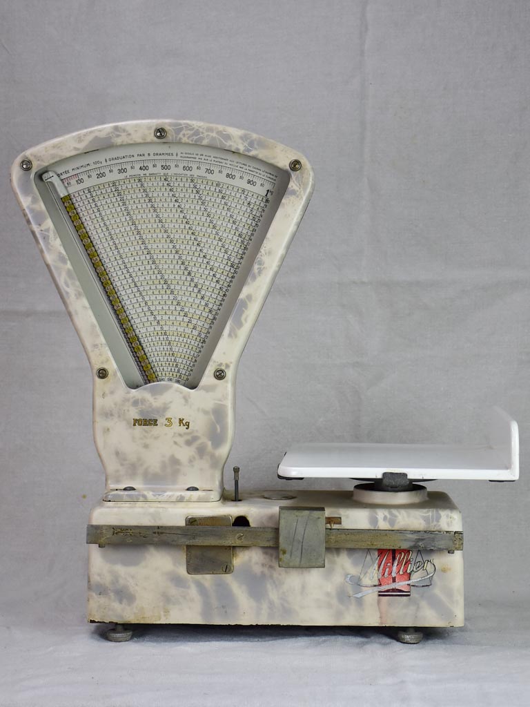 Set of mid century French epicerie scales with faux marble enamel