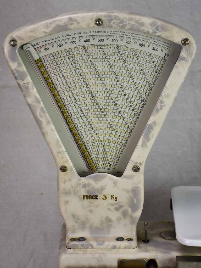 Set of mid century French epicerie scales with faux marble enamel