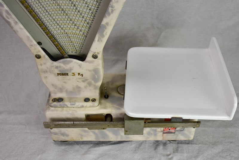 Set of mid century French epicerie scales with faux marble enamel