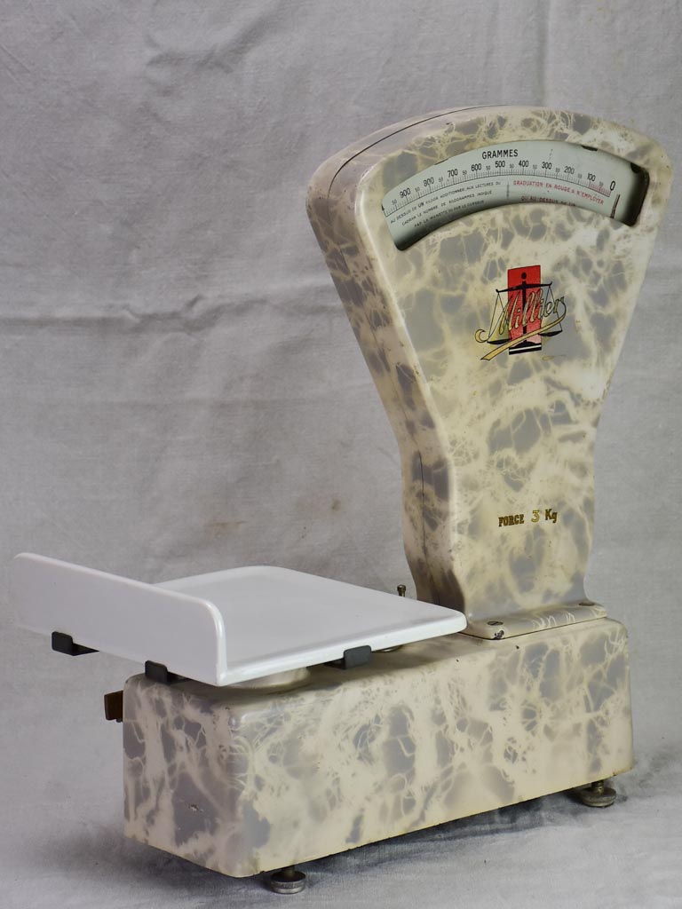 Set of mid century French epicerie scales with faux marble enamel
