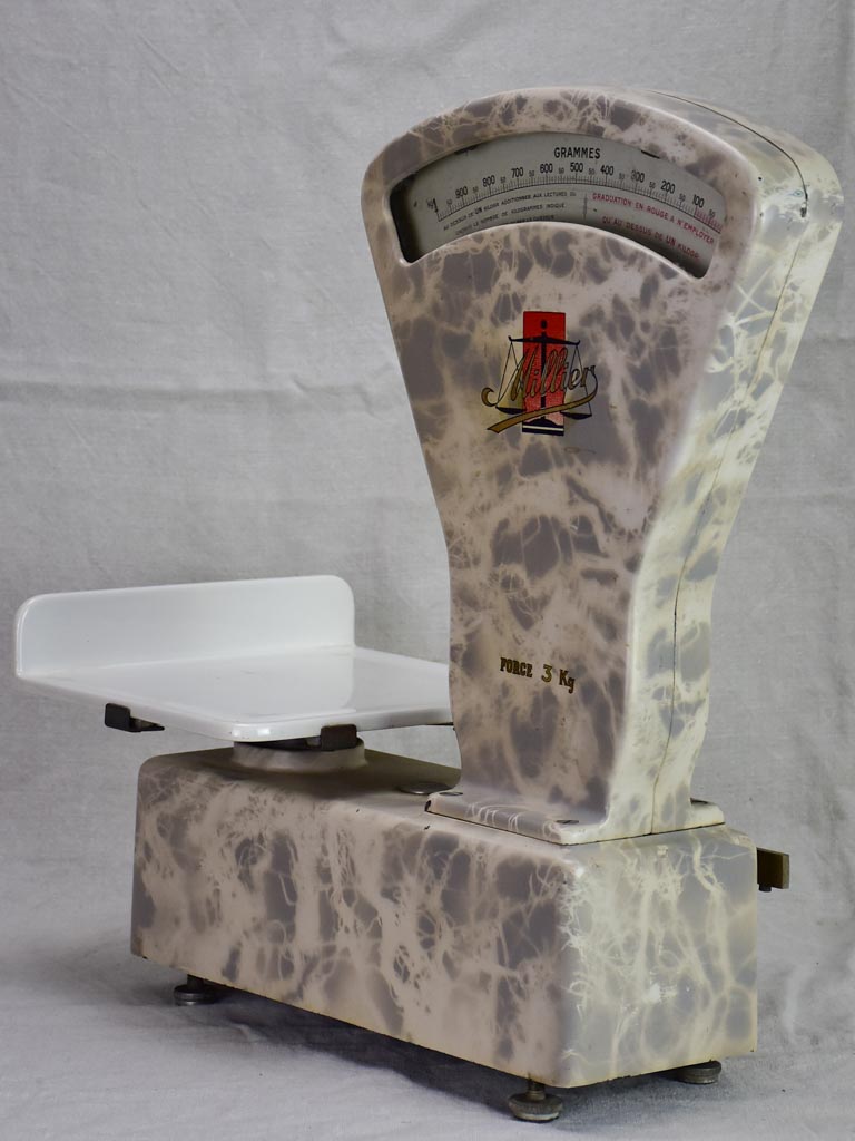 Set of mid century French epicerie scales with faux marble enamel