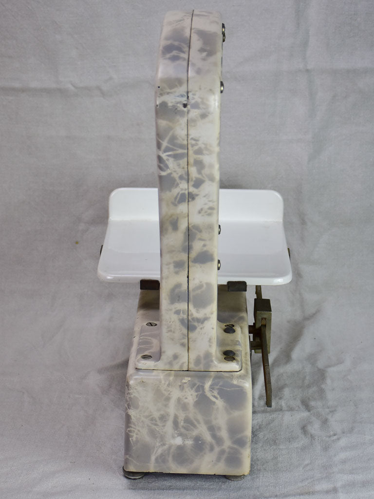 Set of mid century French epicerie scales with faux marble enamel
