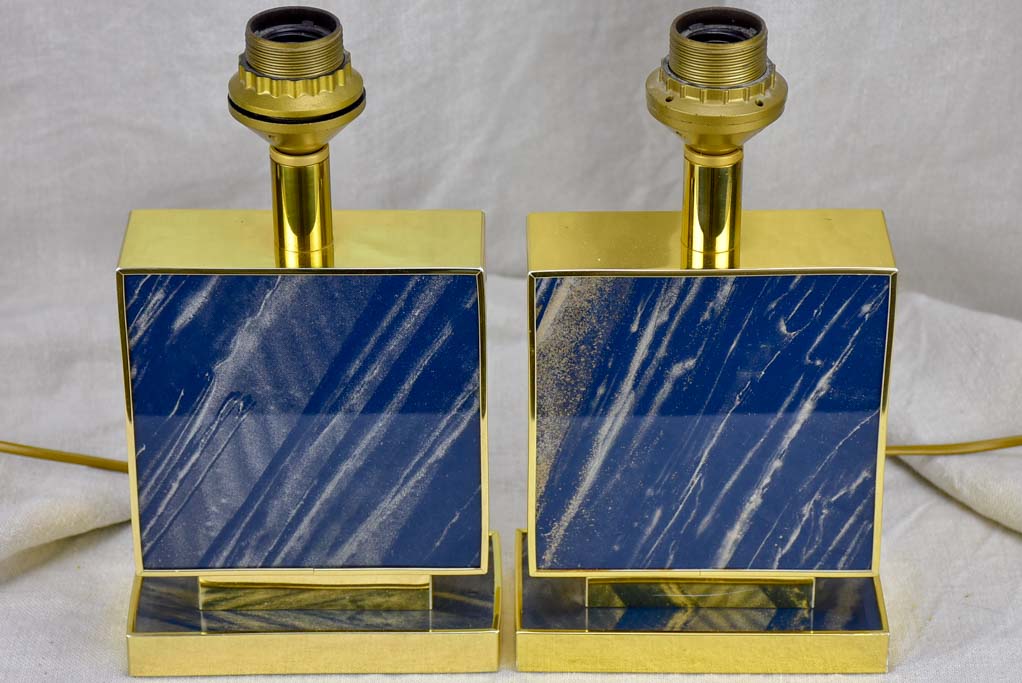 Pair of vintage Le dauphin lamp bases - navy blue lucite, gold, rectangular