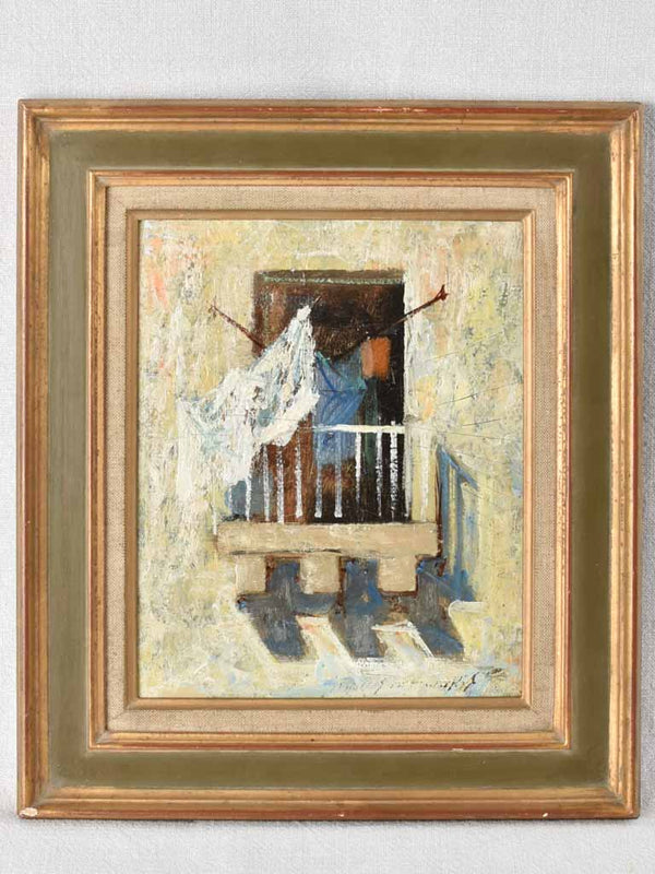 Vintage painting - washing on a balcony 15¼" x 13½"