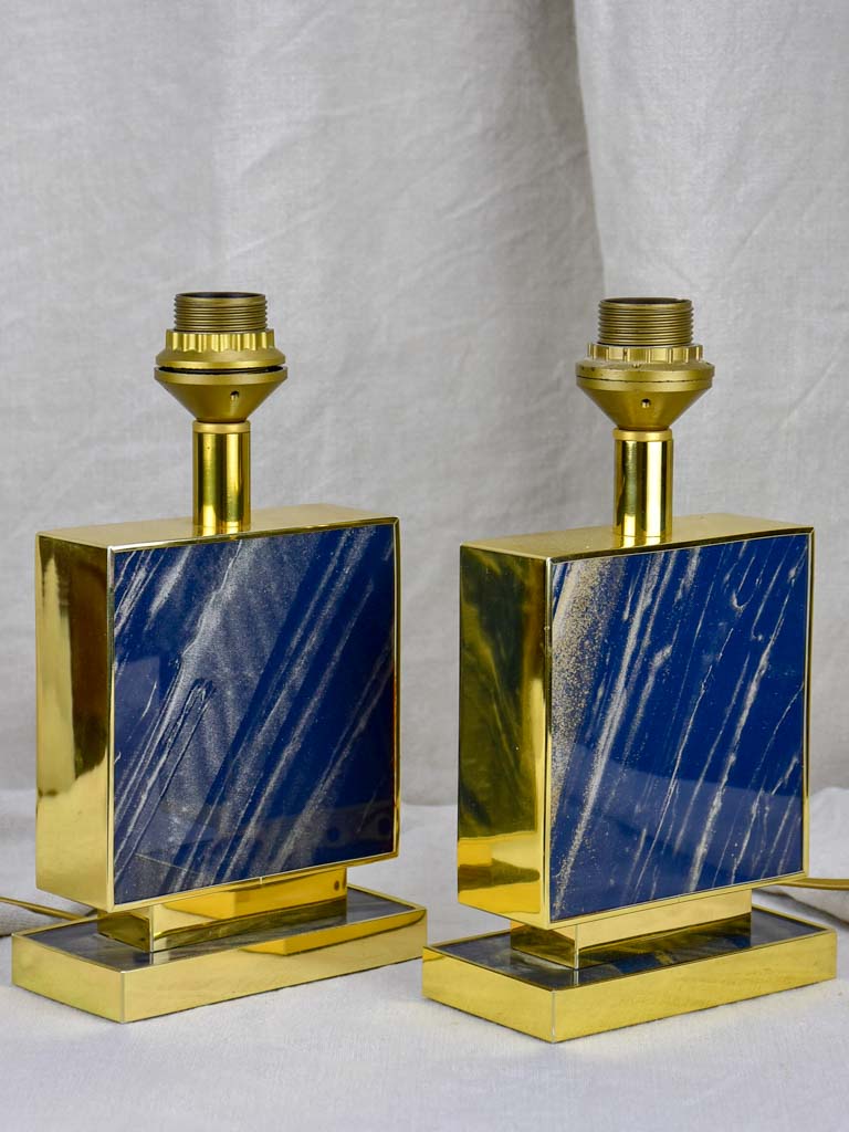 Pair of vintage Le dauphin lamp bases - navy blue lucite, gold, rectangular
