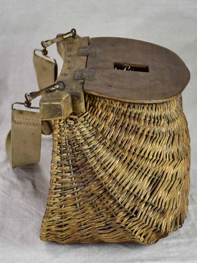 Antique French fishing creel - woven with leather strap