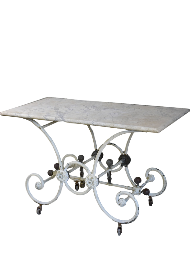 Antique French marble butcher's table with cast iron stand on wheels