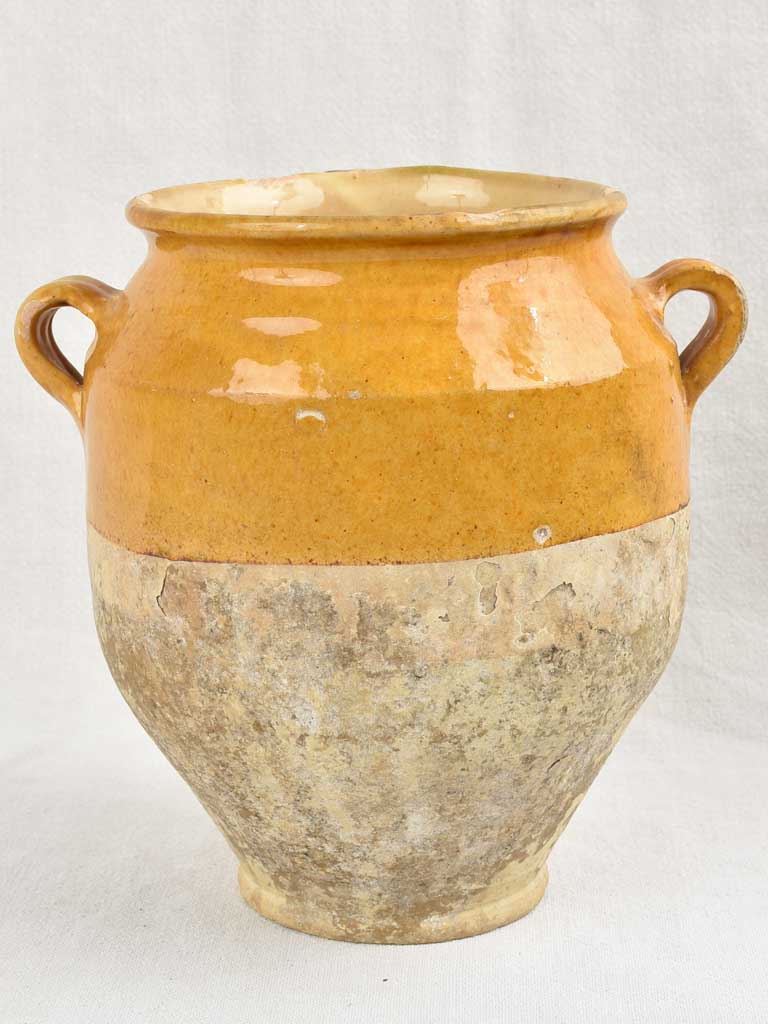 Antique French confit pot w/ yellow glaze & 2 handles 9¾"
