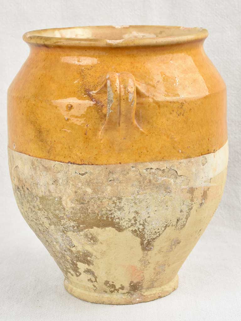 Antique French confit pot w/ yellow glaze & 2 handles 9¾"