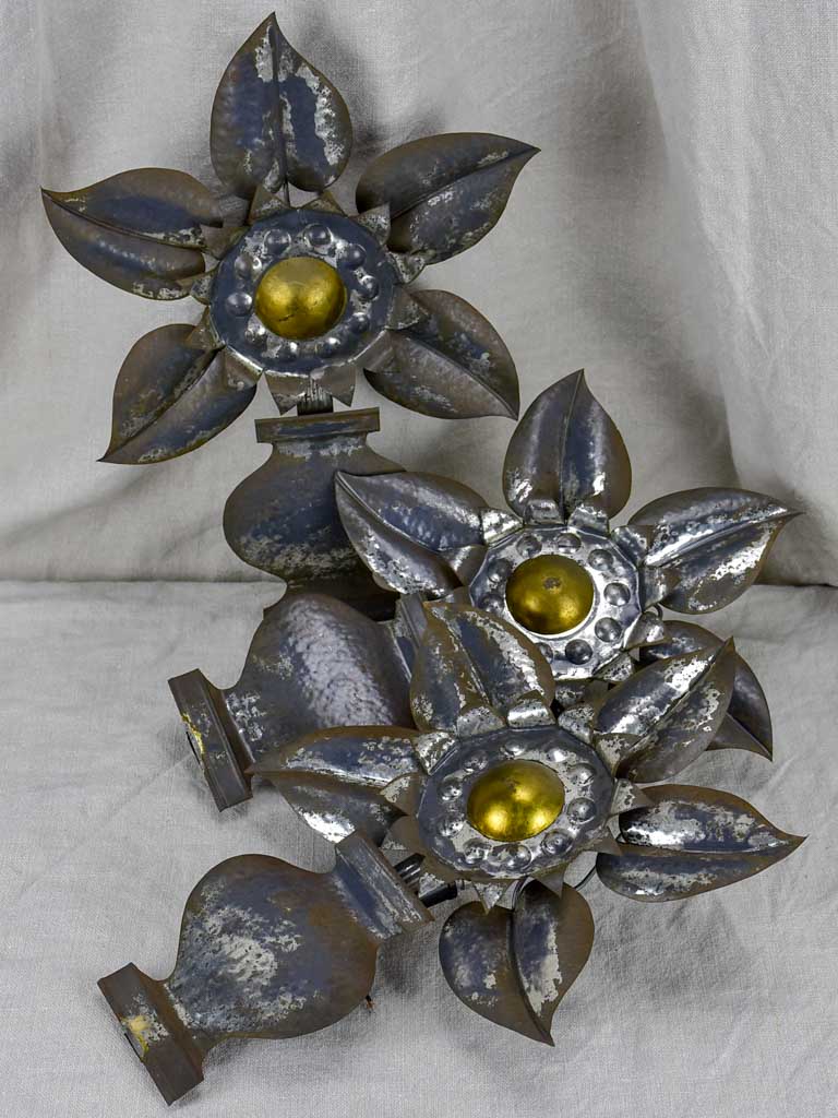 Three 1960's tole wall sconces - flowers
