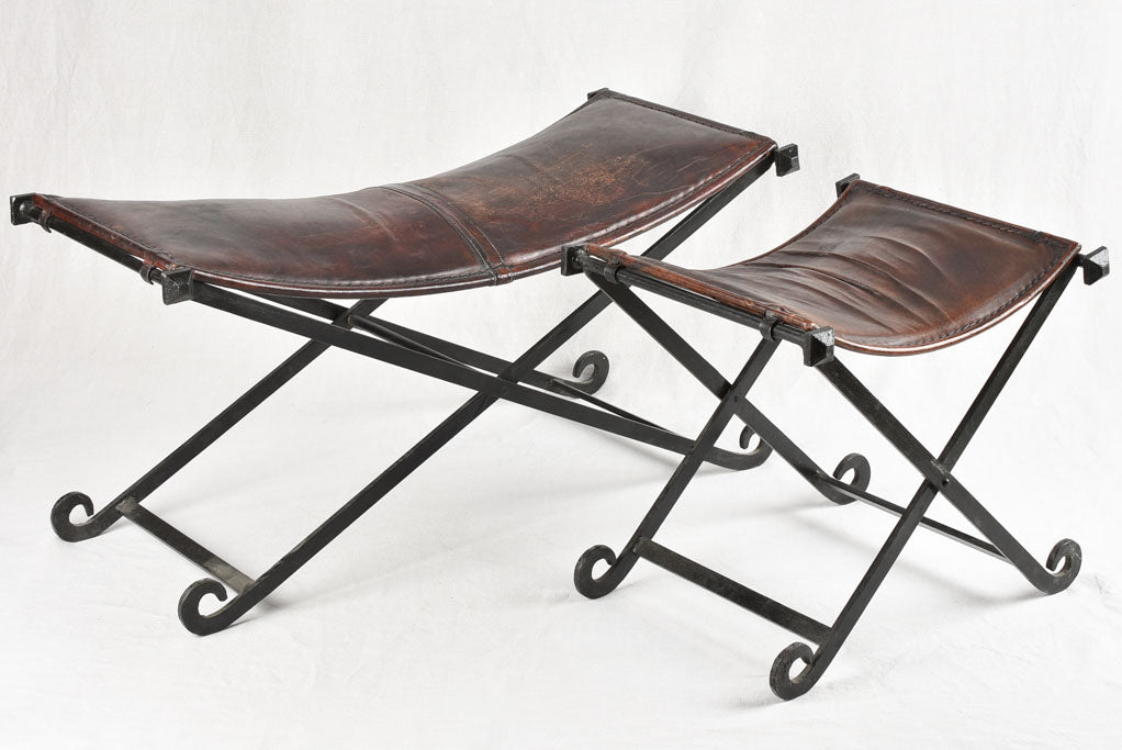 Vintage bench and stool - leather & wrought iron