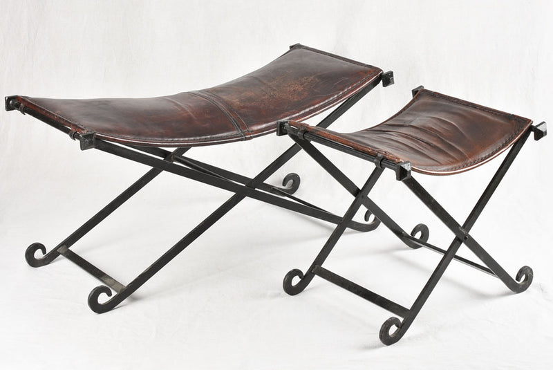 Vintage bench and stool - leather & wrought iron