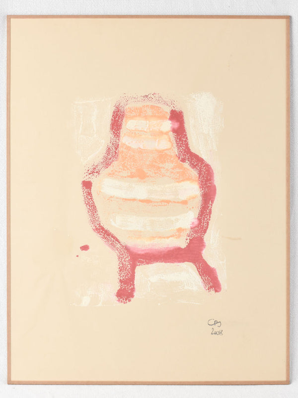 Red, yellow white chair - monotype - Caroline Beauzon 25½ x 19¾""
