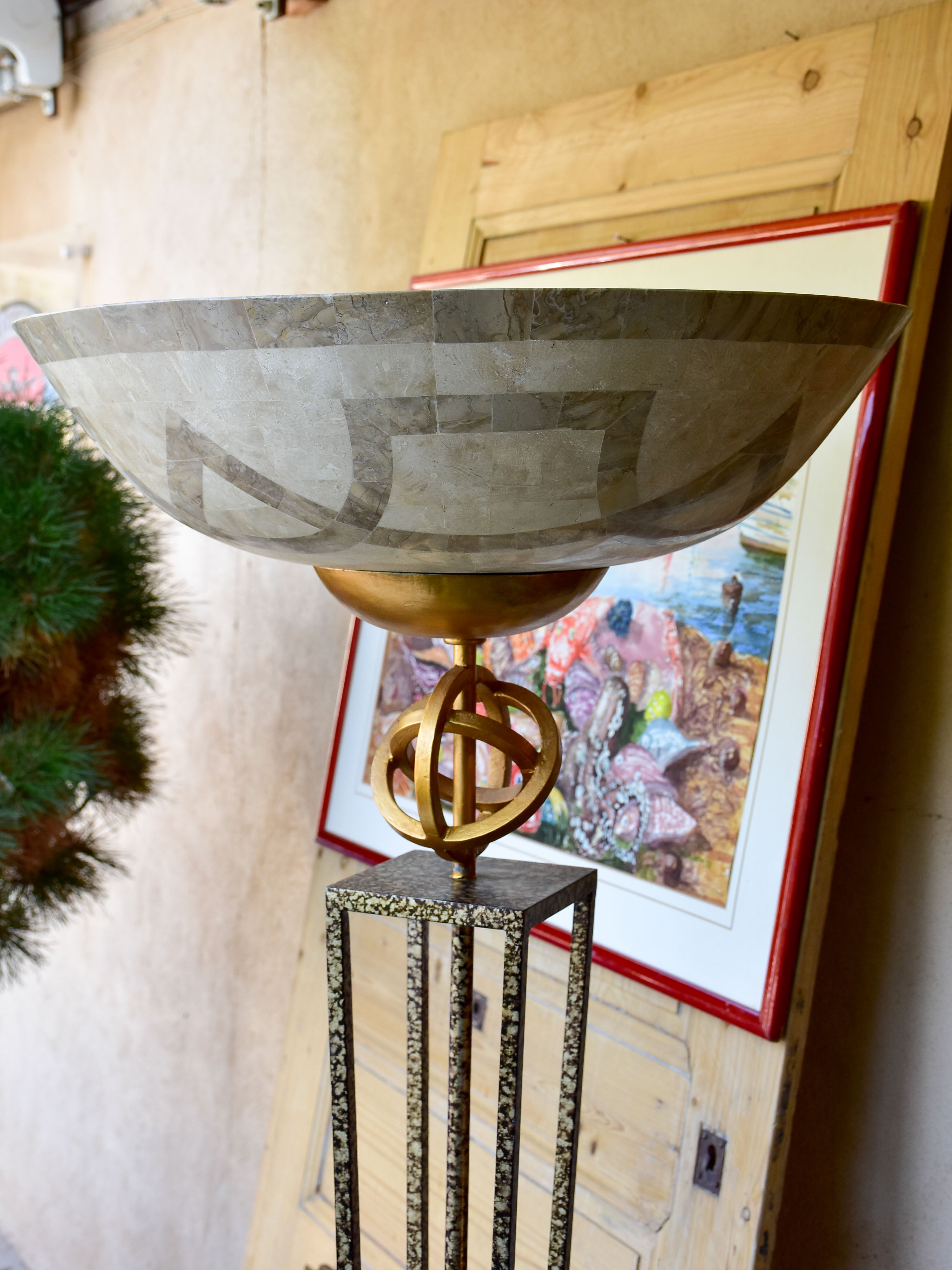 Vintage Italian floor lamp with marble marquetry lampshade