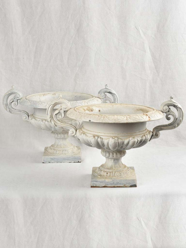 Pair of antique French Medici urns w/ white patina 15¼"