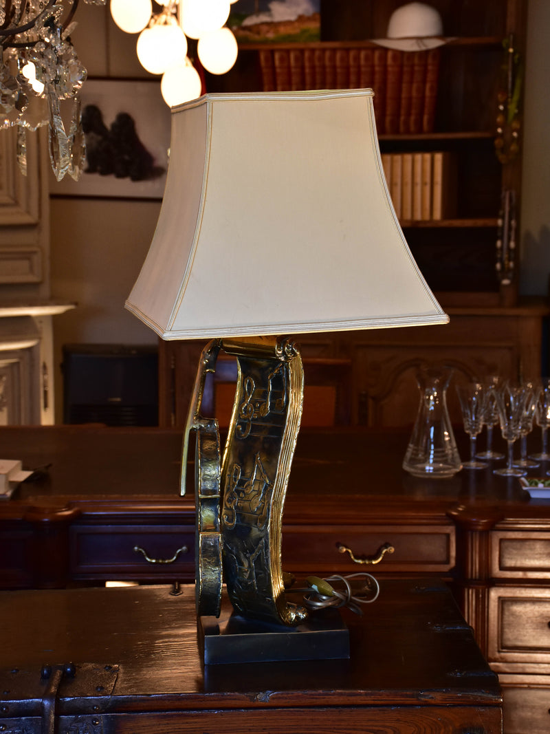 Signed vintage violin table lamp with bronze stand