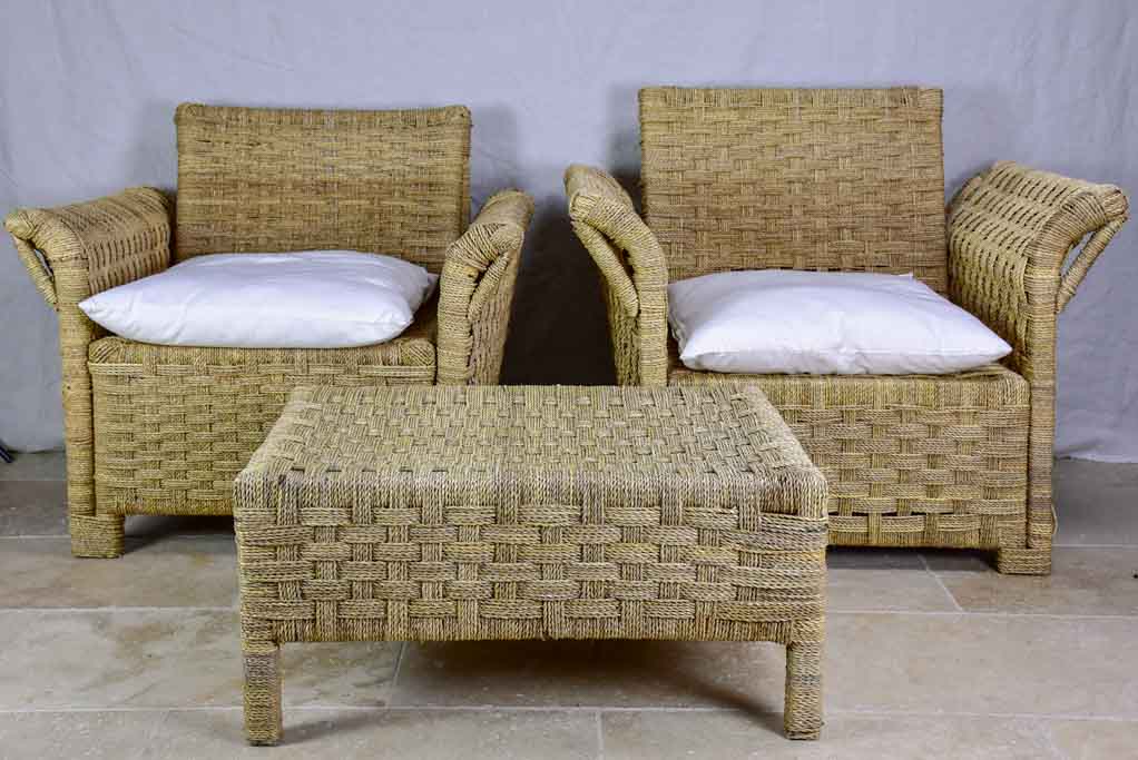Two vintage rope armchairs and an ottoman