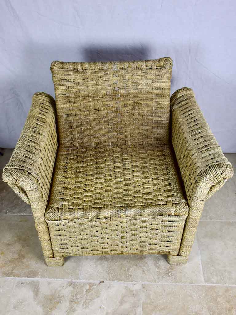 Two vintage rope armchairs and an ottoman