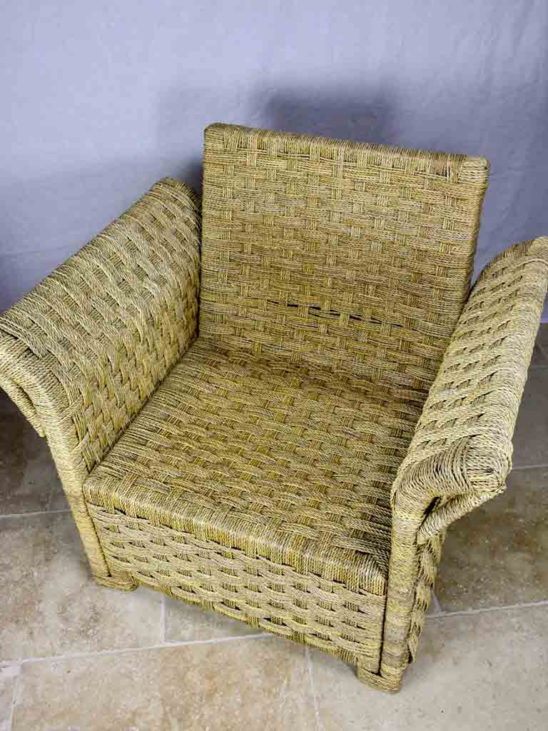 Two vintage rope armchairs and an ottoman