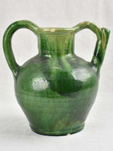 Antique Provençal Terracotta Orjol Pitcher -  Dark Green W/ 2 Handles 9½"