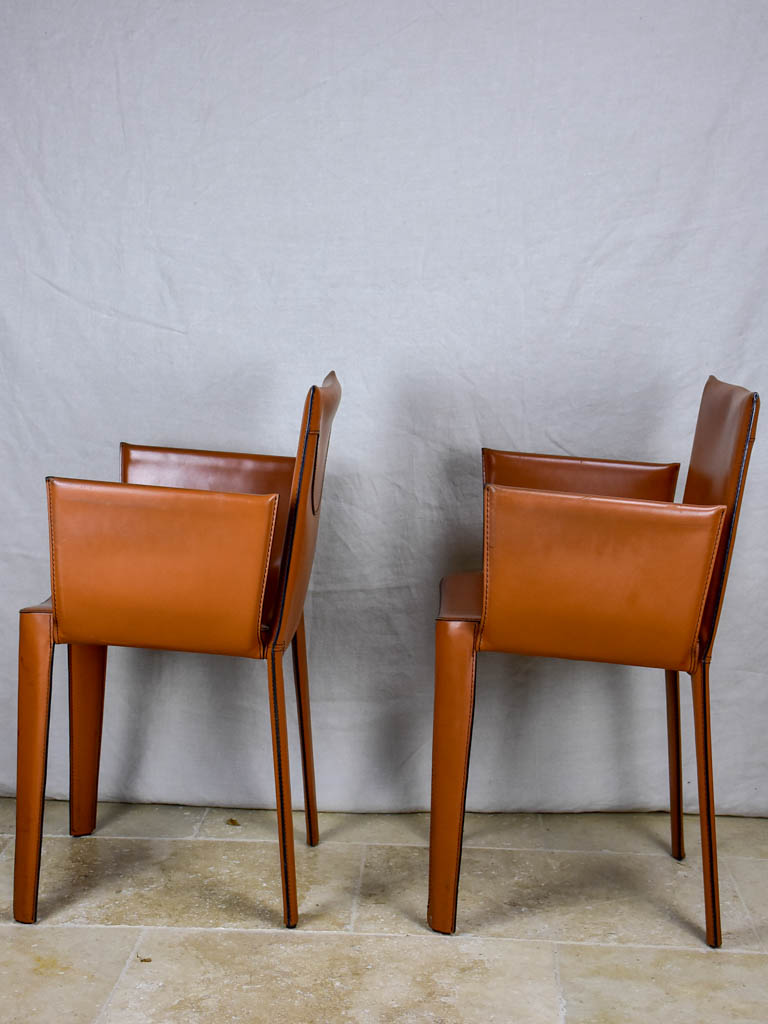 Pair of vintage Italian Quia tan leather armchairs (12 available)