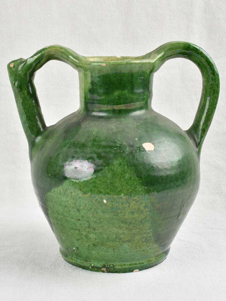 Antique Provençal Terracotta Orjol Pitcher -  Dark Green W/ 2 Handles 9½"