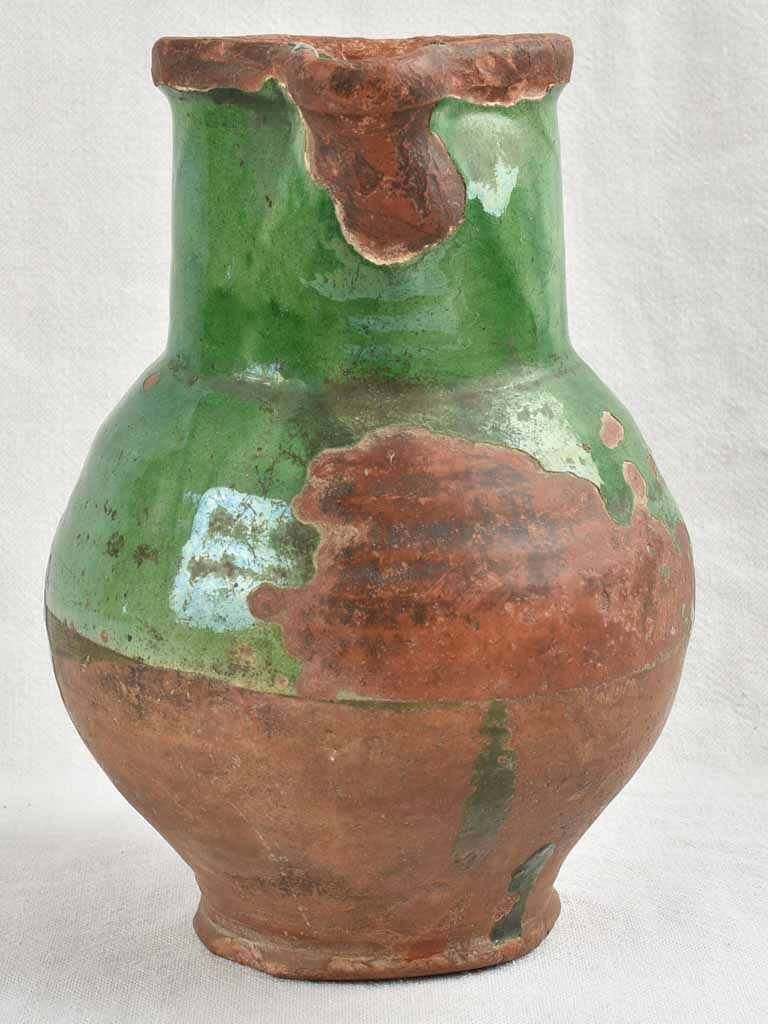 Antique Provençal Terracotta water pitcher w/ Dark Green glaze 11"