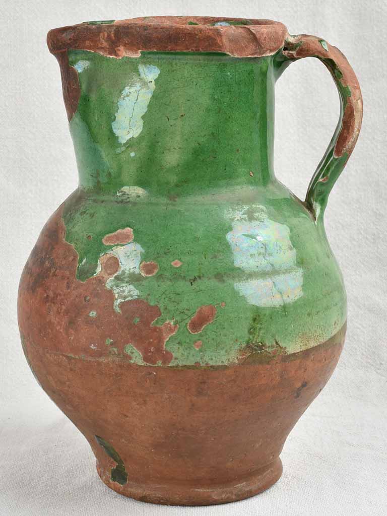 Antique Provençal Terracotta water pitcher w/ Dark Green glaze 11"