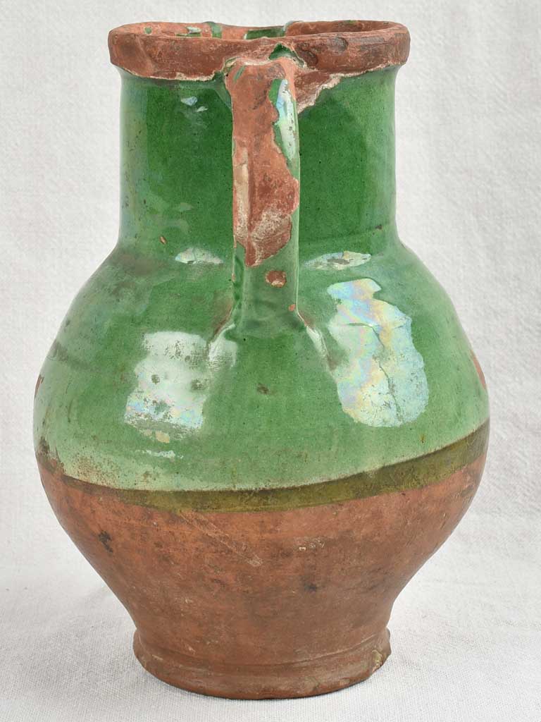 Antique Provençal Terracotta water pitcher w/ Dark Green glaze 11"