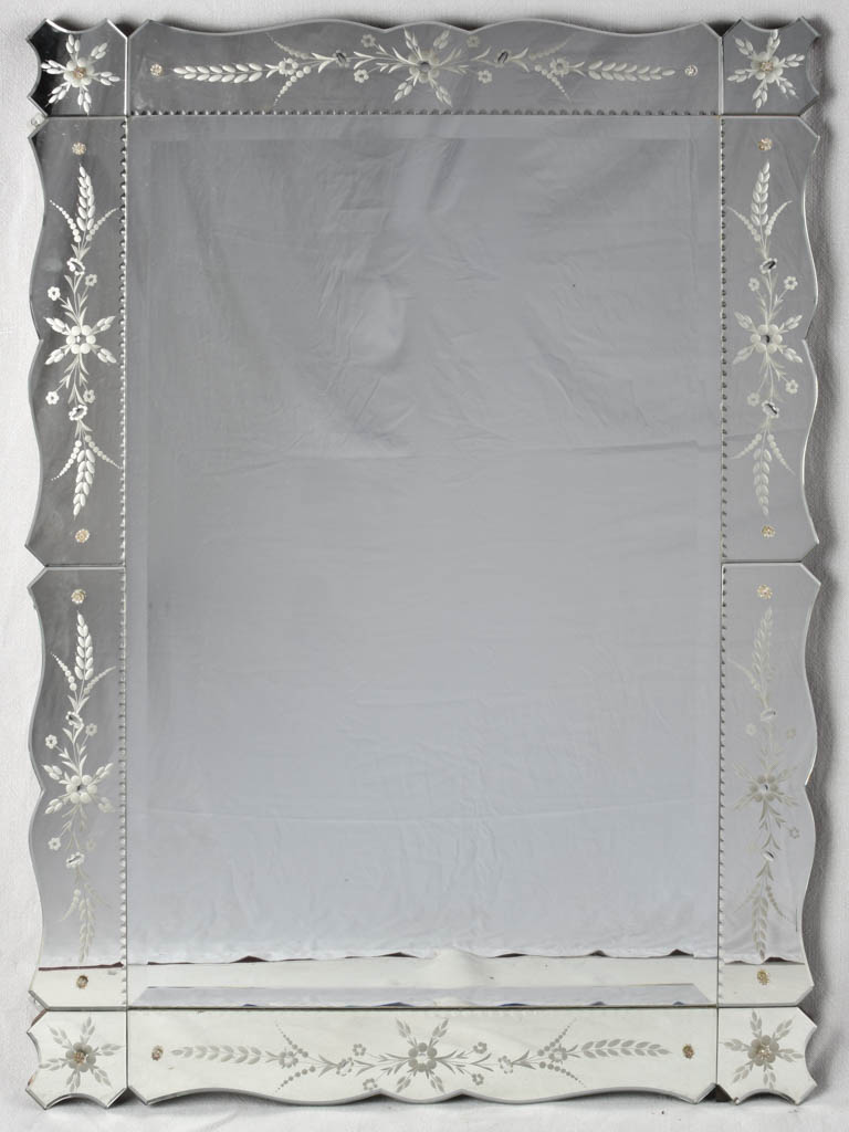 Large Venetian mirror with floral etchings 42½" x 31"