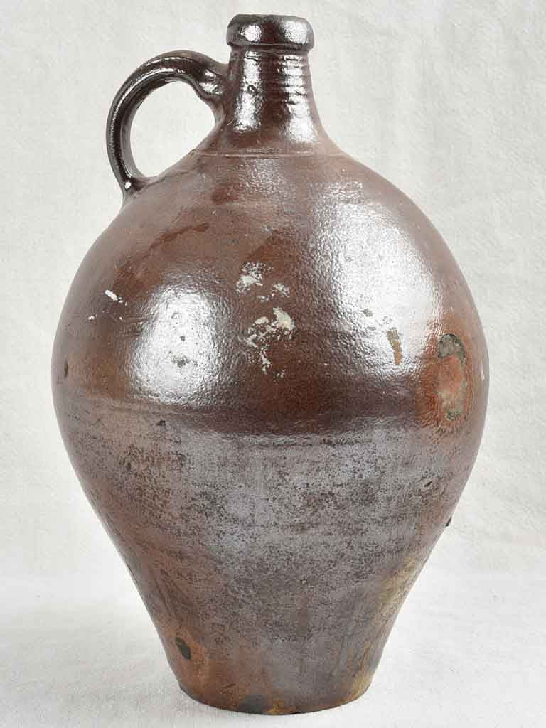 19th century French vinegar jug w/ brown glaze 13½"