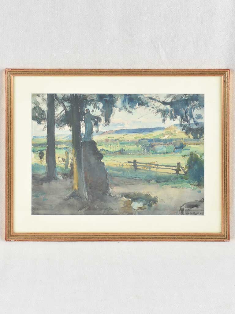 Antique French watercolor landscape by Montagné