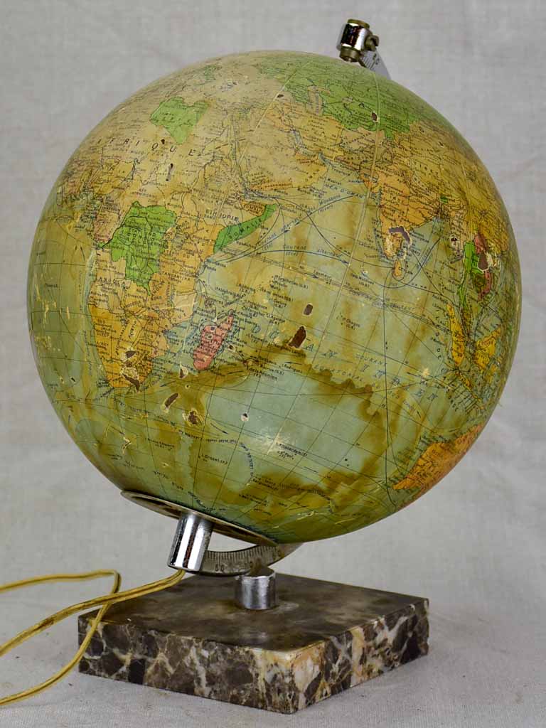 Mid century French world globe lamp with marble base
